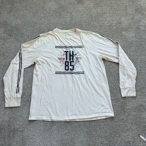 Tommy Hilfiger White and Navy Long Sleeve Tee TH85 100% cotton Y2K VTG
